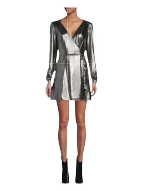 GIANNI BINI Noa Lame Silver Metallic Long Sleeve Wrap Mini Dress, Size S.